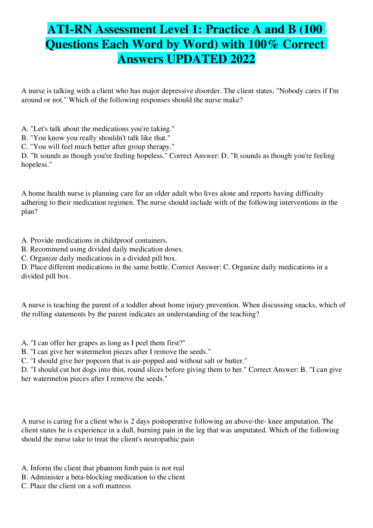 Preview image for ATI-RN Assessment Level 1: Practice A and B (100 Questions Each Word by Word) with 100% Correct Answers UPDATED 2022